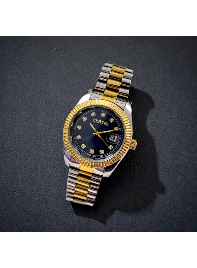 كريتر  ساعة كريتر (CRATER) للرجال – تصميم ملكي فاخر من الستانلس ستيل، مينا كلاسيكي مع عرض التاريخ، مقاومة للماء – تشمل علبة الماركة (فضي ذهبي/أسود). - Image 2